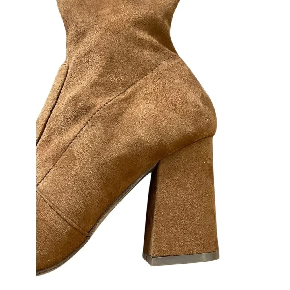 Steve Madden Tan Faux Suede Knee-High Boots 6.5M Pointed Toe Block Heel Side Zip